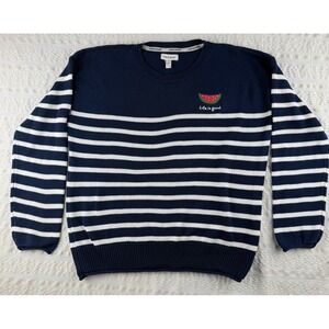 Life Is Good Sweater Womens M Blue Navy Striped Watermelon Knit Casual Comfy